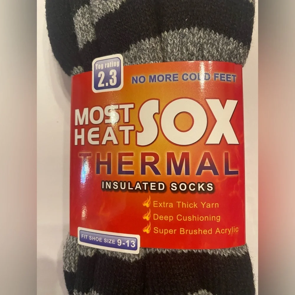 Most Heat Sox Thermal Insulated Socks 2.3 Tog Striped Black‎ Grey Size 9-13